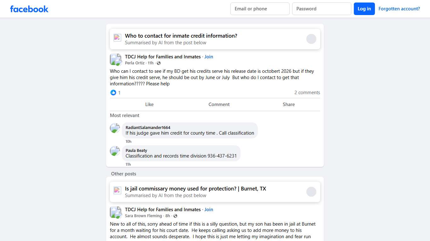 TDCJ Help for Families and Inmates | Who can I contact to see if my BD get his credits serve his release date is octobert 2026 but if they give him his credit serve, he should be out by J... | Facebook