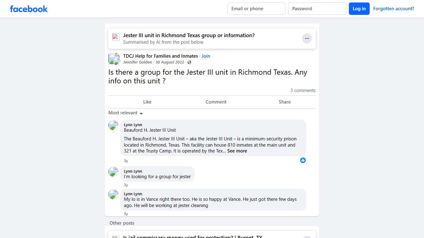 TDCJ Help for Families and Inmates | Is there a group for the Jester III unit in Richmond Texas | Facebook